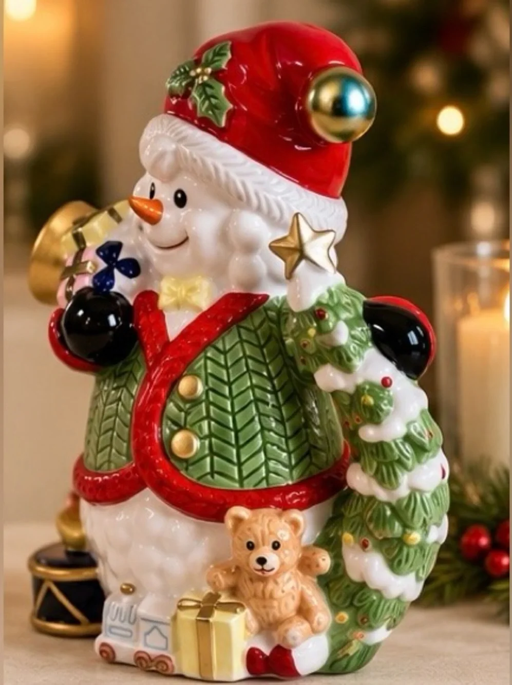 Fitz & Floyd Omnibus Porcelain Vase Glossy Snowman Christmas Tree Presents Toys